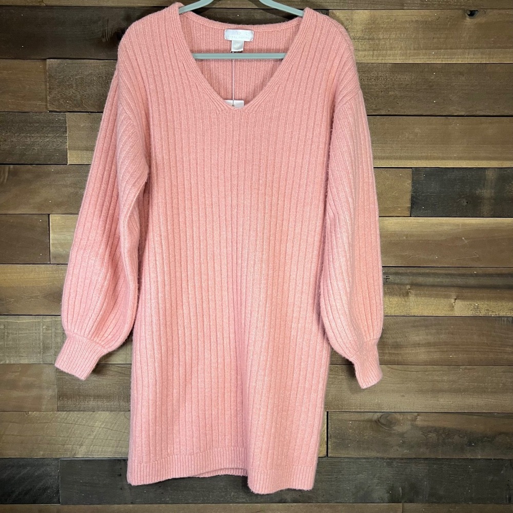Rachel Parcell NWT Pink Ribbed V Neck Balloon Sleeve Sweater Dress XS
